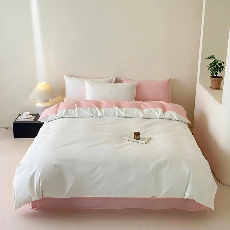 Cyflymder  100% Cotton Single Twin Double Solid Color Reversible Bedding Set Soft Comfortable Duvet Cover Bed/Fitted Sheet Pillowcases