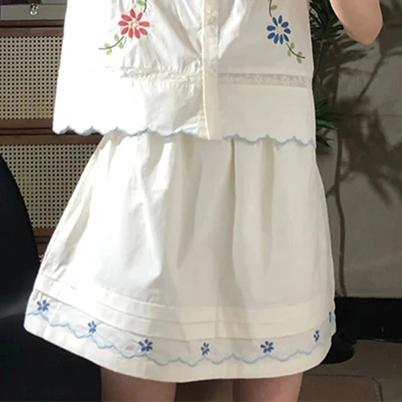 Cyflymder  2 Piece Sets Women Outfit Kawaii Lace Floral Embroidery Short Sleeve Shirts Vintage Cute Mini Skirt Summer New In Matching Sets