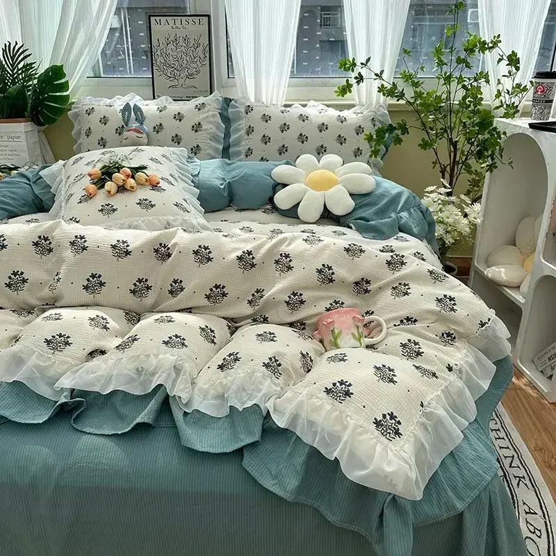 Cyflymder  Romantic French Flowers Lace Ruffles Bedding Set Washed Cotton Duvet Cover Bed Flat Sheet Pillowcases Girls Couple Bed Linens