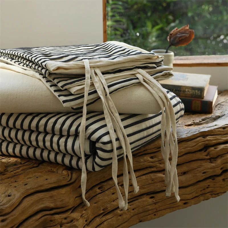 Cyflymder  Linen Cotton Simple Stripes Jacquard Nordic Style Bedding Set Single Double Queen King Duvet Cover Flat/Fitted Sheet Pillowcase
