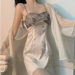 Cyflymder  Women Kimono Bathrobe Gown Suit Loungewear Sleepwear Mesh Robe Nightgown Set Summer Silky Satin Home Dress Lingerie