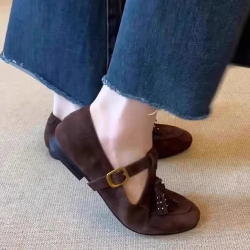 Cyflymder  Fashion Tassel T Strap Design Retro Mary Jane Shoes Comfort Round Toe Buckle Flats Shoes for Ladies Lightweight Walking Loafers