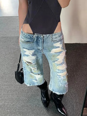 Cyflymder   Summer Capri Pants Women Washed Distressed Ripped American Vintage Street Style Straight Leg Loose Slim Mid Length Denim Pants