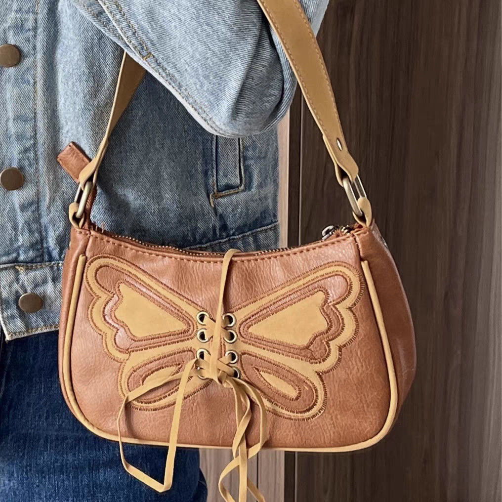 Cyflymder Vintage Design Women's Small Shoulder Bag Brown Butterfly Embroidery Female Underarm Bags Trendy Cool Girls Hobos Purse Handbags