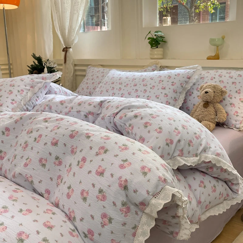 Cyflymder  INS Korean Style2025 New Yungan Cotton Wrinkled Double-layer Yarn Lace Bedding Sets