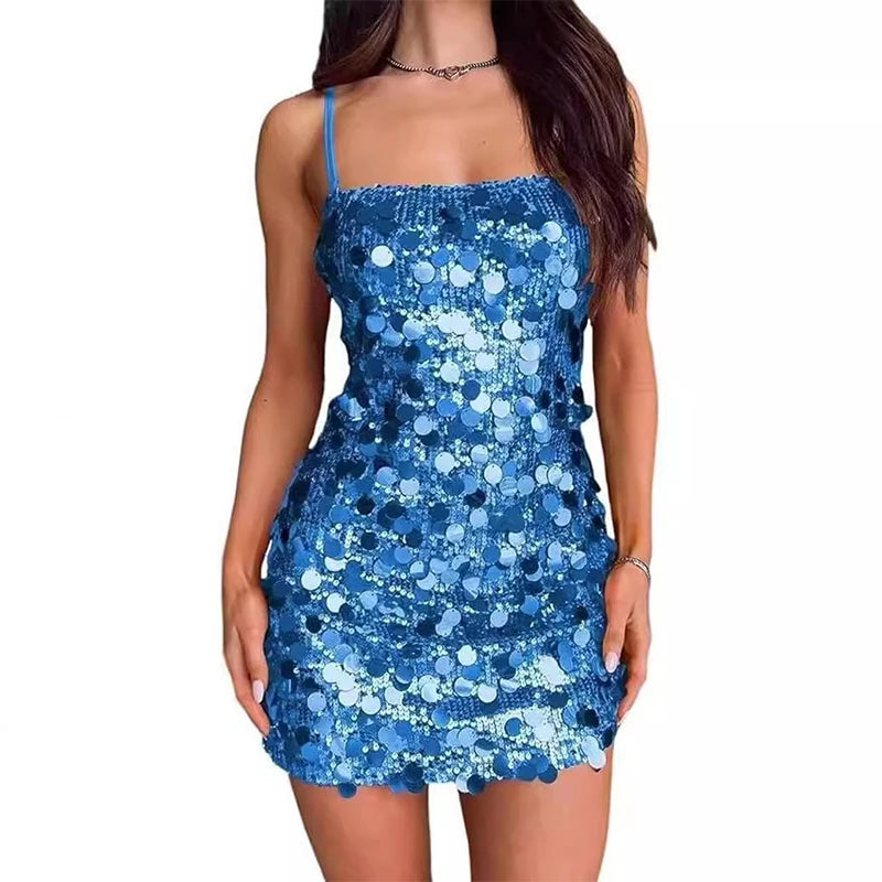 Cyflymder  Sling Sequin Hip Package Mini Dress Women Sexy Square Collar Sleeveless Backless Waist Cinching Slim Partywear Chic Ladies Robe