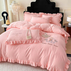 Cyflymder  French Embroidered Bed Skirt Bedding Sets Washed Cotton Knitted Bedclothes with Ruffled Edges Universal Size Textile Supplies