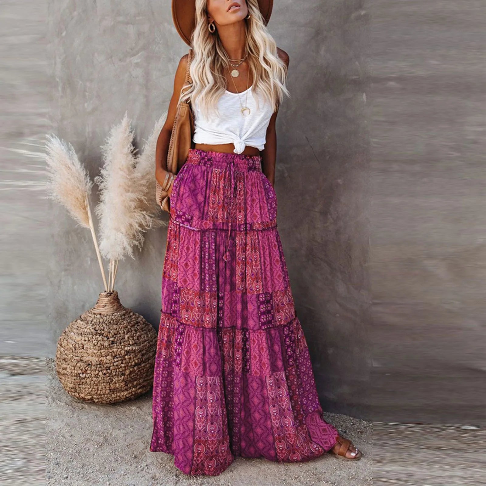 Cyflymder  Ladies’ Fashion Bohemian Flower Printing Elastic Waist Pleated Skirt Loose Casual Vintage High Waist Tie A-Line Long Skirt