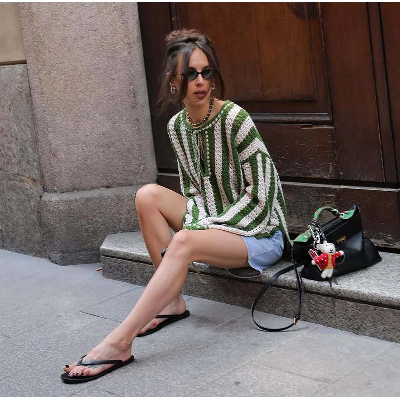 Cyflymder  Elegant Knitted Stripe Pullover Women Loose Long Sleeve V-neck Lace Up Contrast Sweater Female 2025 Fashion Autumn Street Top