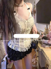 Cyflymder Japanese Lolita 2 Piece Set Women Kawaii Bow Lace Y2k Crop Tops Cute Ruffles Elastic Shorts Summer Sweet Fashion Skirts Suits