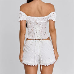Cyflymder   Women's Summer Shorts Y2K Outfit Off Shoulder Eyelet Floral Corset Top and Scalloped Hem Shorts 2Pcs Set Summer Vacation