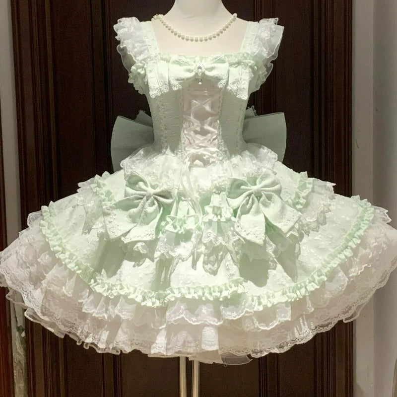Cyflymder   Pink Japanese Sweet Lolita Style Jsk Dress Women Retro Elegant Lace Ruffles Bow Strap Princess Dresses Y2k Cute Party Mini Dress