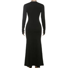 Cyflymder   Solid Elegant Sexy Metal Buckle Bodycon Maxi Party Dress Women Fashion Deep V Neck Full Sleeve Slim Evening Gown Long Robe