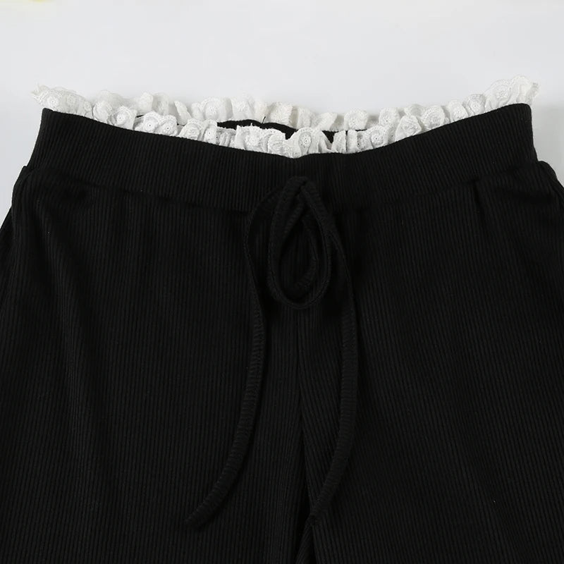 Cyflymder  Black Knit Flared Leggings Women Kawaii Ruched Patchwork Low Rise Skinny Casual Pants for Summer Streetwear y2k Trousers