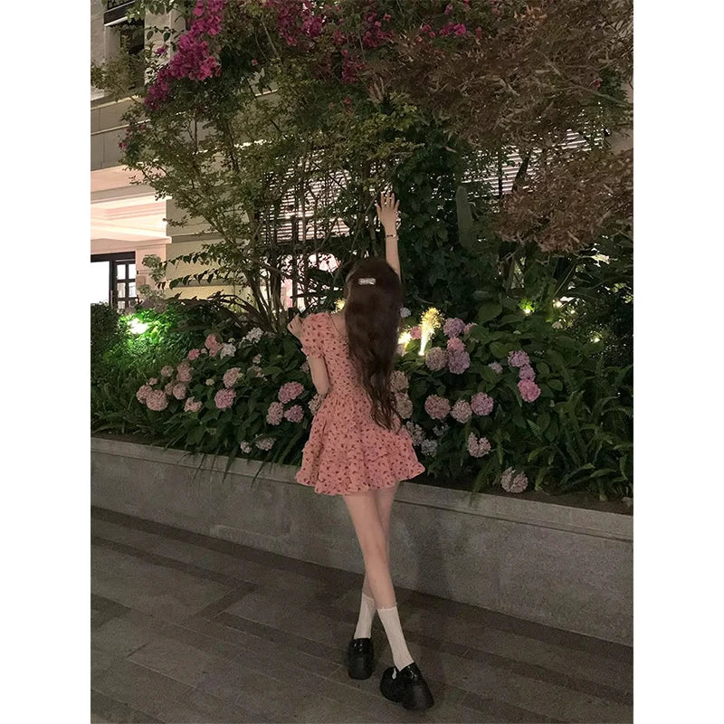 Cyflymder  Kawaii Floral Mini Dress Women Fashion Party Ruffles Print Dresses Summer Korean Cute Puff Short Sleeve Bodycon A Line Vestidos