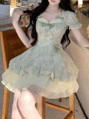 Cyflymder  Spring French Sweet Lace Ruffle Mini Dress Women New Kawaii Bubble Sleeves Slim Fairy Dresses Aesthetic Elegant Fashion Outfits