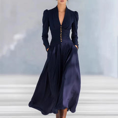 Cyflymder  Women's Solid V-Neck Ruched Elegant Maxi Dress Long Sleeve Buttons Slim Fit Spring Gown Fashion Draped Irregular Long Dresses