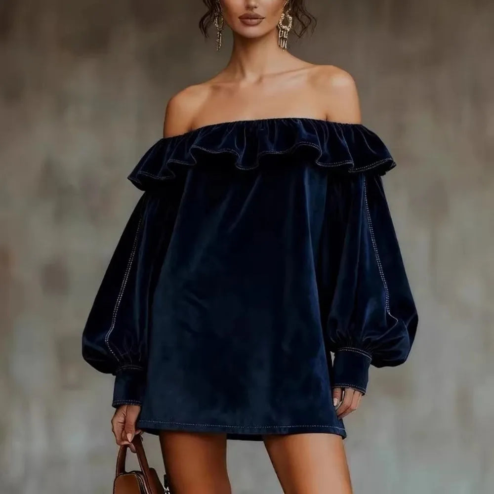 Cyflymder  Elegant Off Shoulder Velvet Dress Woman Sexy Elegant Temperament Slim Dress Vintage Long Sleeve Spring Autumn Mini Dress 2026