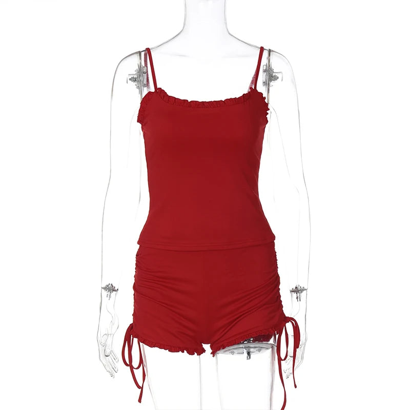 Cyflymder  Casual Sweet Women's 2-Piece Matching Loungewear Sling Backless Camisole+Drawstring Shorts Skinny Solid Sexy Chic Home Sets