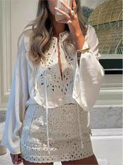 Cyflymder  Embroidery Crochet Hollow Shirts For Women Elegant Long Sleeve O Neck Lace Up Blouse Female 2025 New Summer Casual Loose Shirt