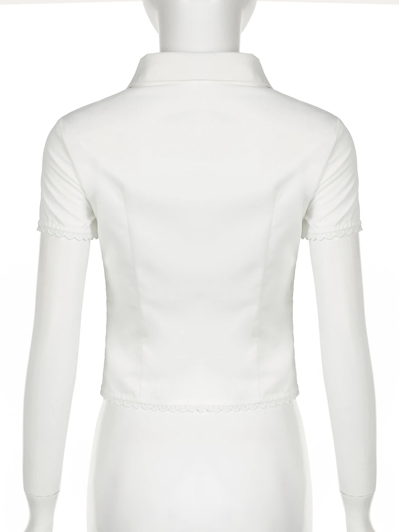 Cyflymder  Prepppy Style Casual Solid Lace Trim Blouse Slim Turn Down Collar Short Sleeve Shirts Women Summer Fashion Ladies