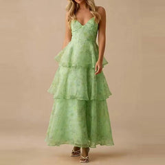 Cyflymder   New Floral Mesh Layered Cake Party Dress Sexy Ladies V Neck Camisole Vacation Dress Sweet Casual Summer Beach Woman Long Dress