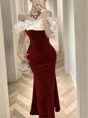 Cyflymder  Mermaid Dresses Women Sexy Slash Neck Off Shoulder Ruffles Patchwork Elegant Slim Evening Party Dress Female Backless Vintage