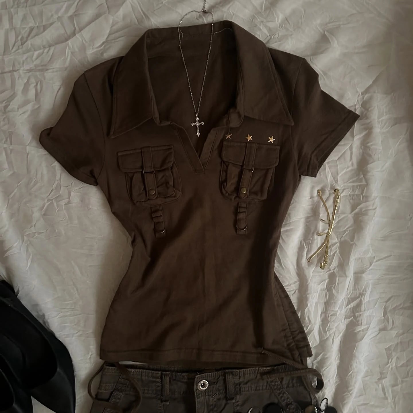 Cyflymder  Coffee Colored ort Sve  Ne T-irt Women's Summer Slim Fit Retro American Sle Waist Cinched Top Byao Girl