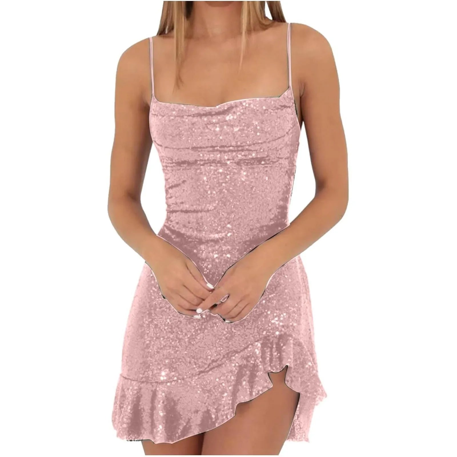 Cyflymder  Sexy Slim Fitting Fashion Solid Color Sequin Back Cross Tie Ruffle Edge Sleeveless Suspender Irregular Hem Pleated Party Dress
