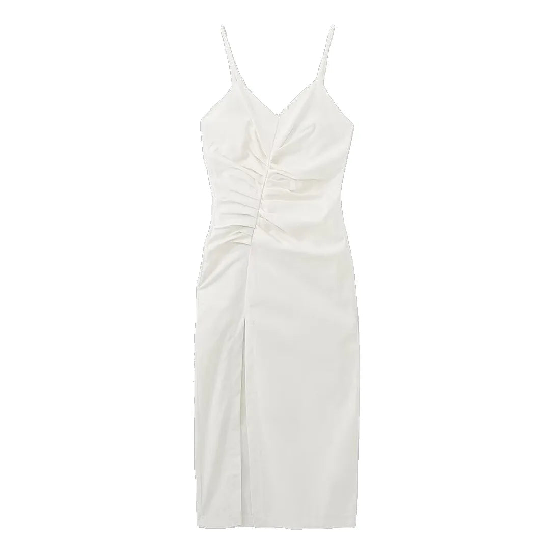 Cyflymder  Elegant Women White Cami Dress Slit Ruched Midi Dress New Fashion Summer Casual Chic Holiday Date Sheath Dress