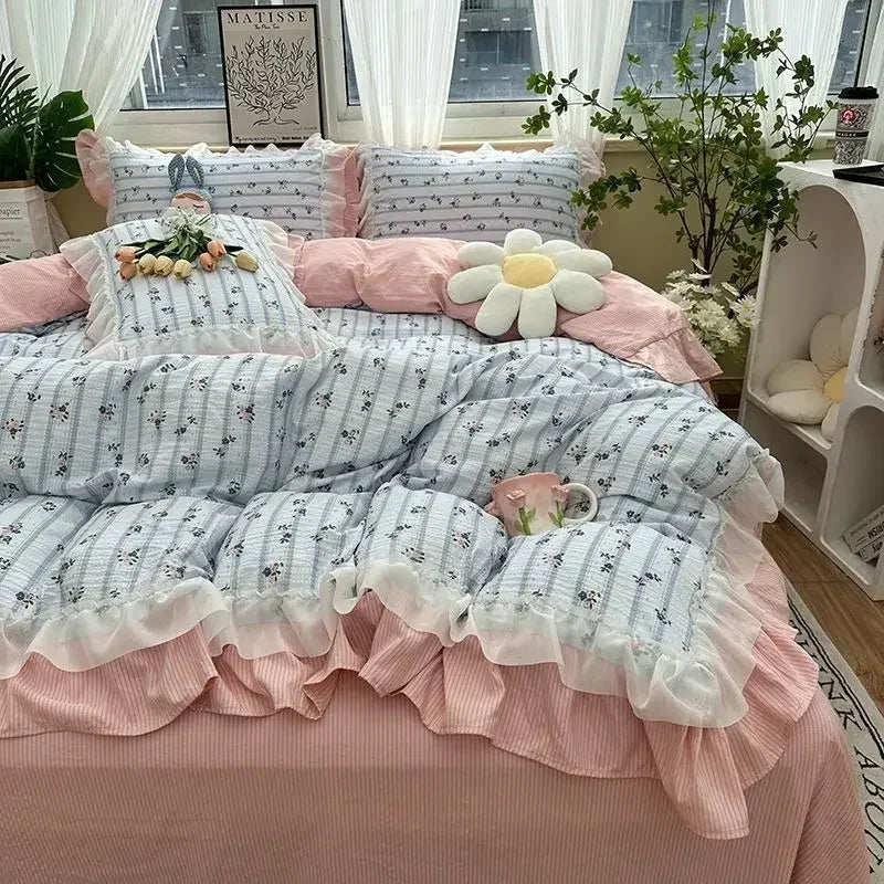 Cyflymder  Romantic French Flowers Lace Ruffles Bedding Set Washed Cotton Duvet Cover Bed Flat Sheet Pillowcases Girls Couple Bed Linens