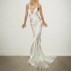 Cyflymder  Sexy Backless Cross Hollow Skinny Dress Women's Elegant V-neck Sleeveless Satin Long Dress Fashion Hight Waist Solid Party Dress