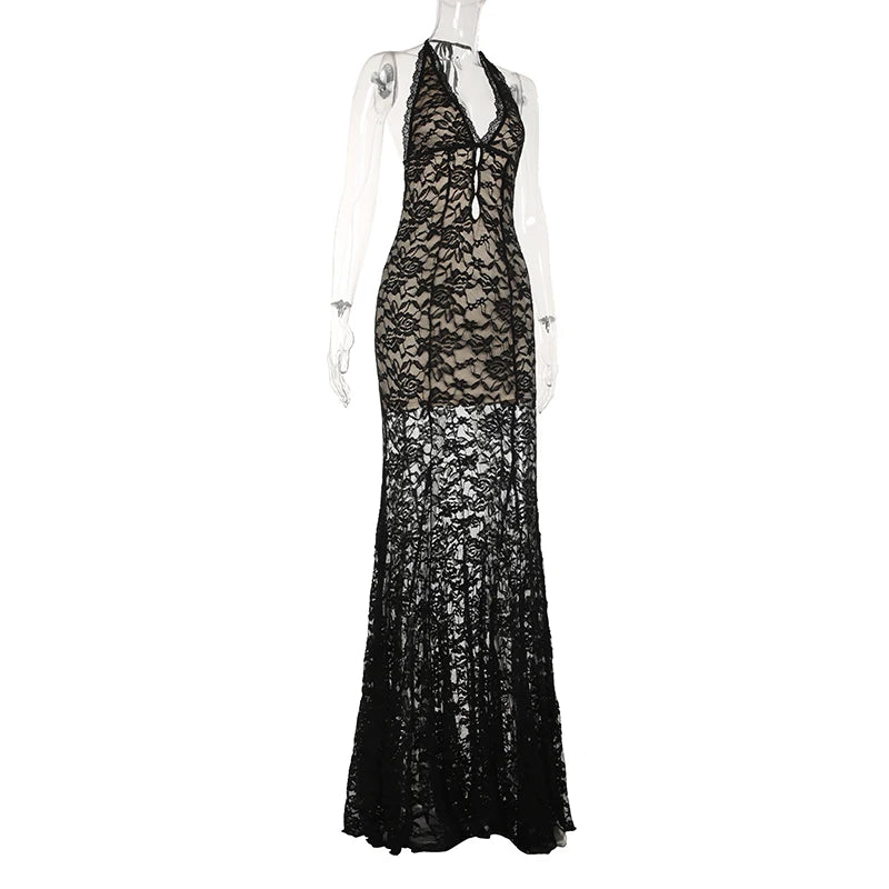Cyflymder  Holiday Hollow Out Lace Trumpet Dress Beach Style Backless Deep V-Neck Sleeveless Maxi Dresses For Women 2025 Summer