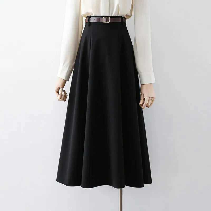 Cyflymder long skirt outfit winter Vintage Belt Woolen Midi Skirt Women Black Pleated Skirts Fall Winter Ladies Korean Elegant High Waist All Match A Line Skirt