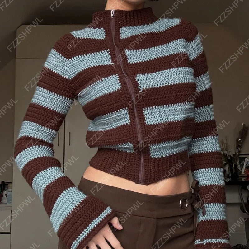 Cyflymder   Harajuku cardigan featuring a Gothic striped design blending American retro grunge streetwear aesthetics casual everyday knit