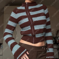 Cyflymder   Harajuku cardigan featuring a Gothic striped design blending American retro grunge streetwear aesthetics casual everyday knit