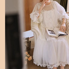 Cyflymder  Princess White Vintage Long Nightgowns Gauze Round Neck Puff Long Sleeves Cotton Nightie Loose Design Embroidery Nightdress  New