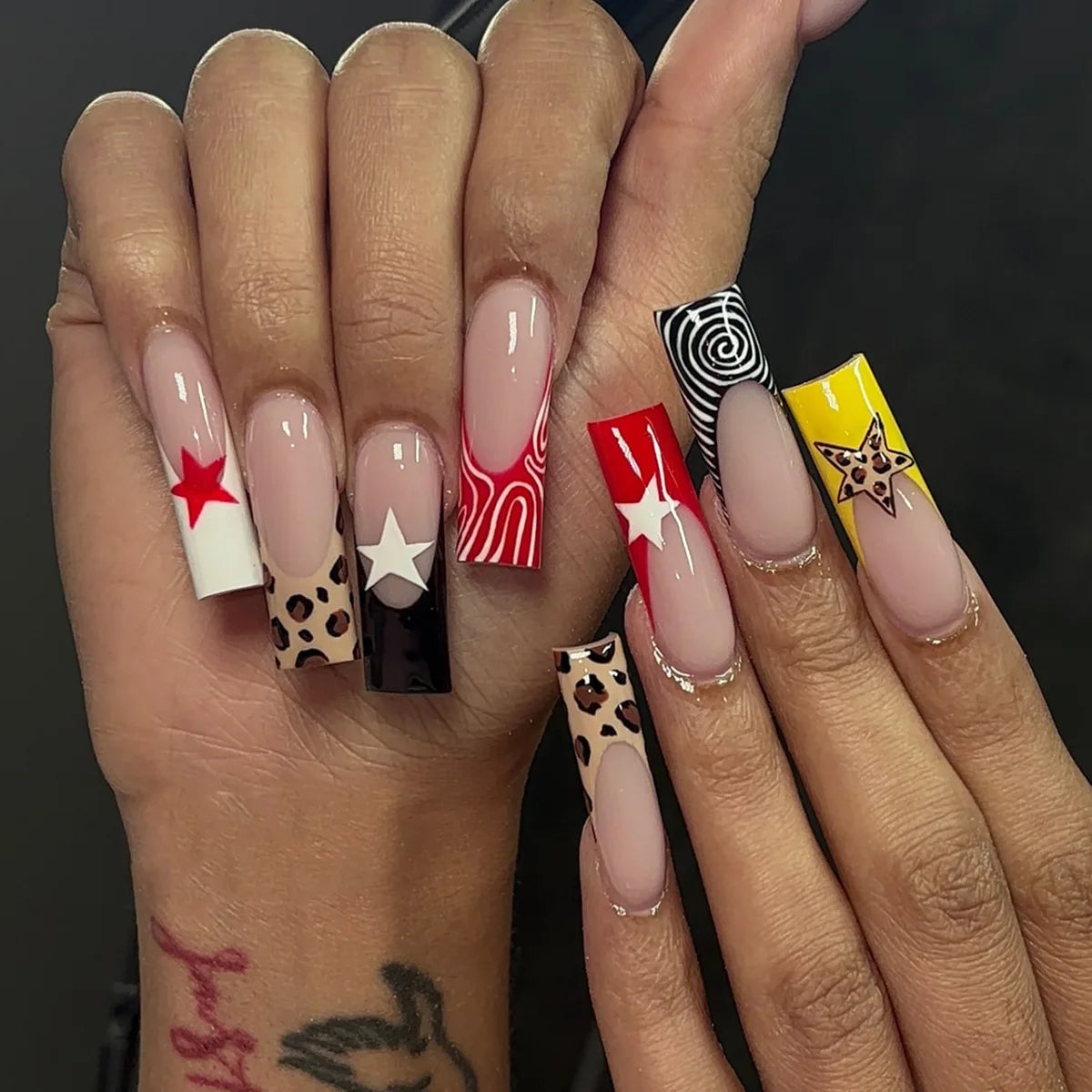 Cyflymder  24pcs Sweet Cool y2k Star Press on Nails Leopard Print French Long Ballet Fake Nails for Women Wearable Gothic Punk False Nails