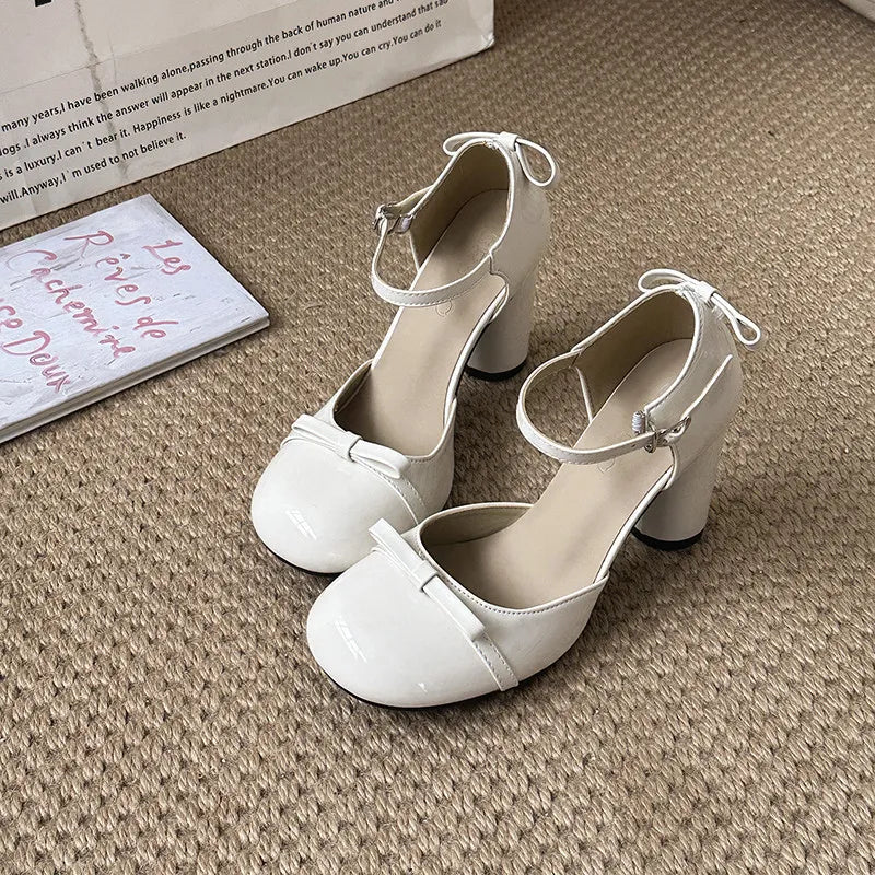 Cyflymder  Spring and Autumn Fashion Sweet Style Mary Jane Shoes with Bows, Thick Heels, Slender Toe, Easy-to-Wear Girls' High Heels，35-40