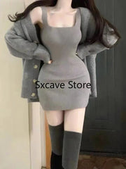 Cyflymder Gray 2 Piece Dress Set Women Casual Long Sleeve Cardigan + Bodycon Strap Sweater Dress Evening Party Knitted Suit