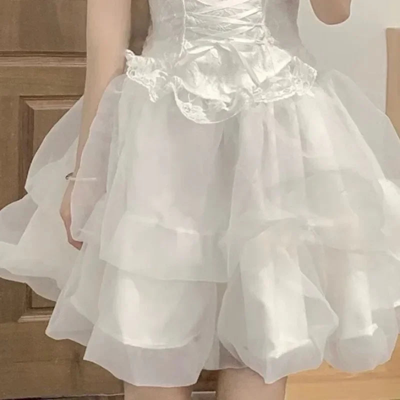 Cyflymder  Sexy Streetwear Patchwork Lace Popular Girl Tank Tops Tiered Ball Skirts Y2k Aesthetic Birthday Party Princesses 2 Piece Sets