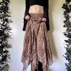 Cyflymder  Y2K Retro Print Skirt Women American Style Sheer Mesh Long Skirt, Asymmetrical Hem Low Waist High Slit Maxi Skirt