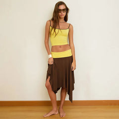 Cyflymder  Color Patchwork Casual 2 Piece Set Women Sexy Camis Crop Tops + Asymmetrical Maxi Skirts Streetwear Suits Spicy Girl Clubwear