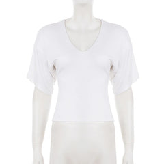 Cyflymder  Casual Basic V-Neck Solid Color Short Sleeve T-Shirts Women Elegant Waist-cinching Knitted All Match Top Tees Summer Daily Wear