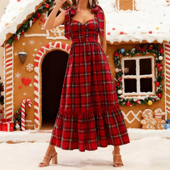 Cyflymder  Women Christmas Plaid Sleeveless Maxi Dress Fall Ruffle Sleeve Cocktail Long Dresses Vintage Gingham Party Dress