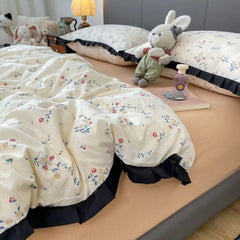 Cyflymder  INS French Style Floral Simple Black Lace Double Layer Gauze Bedding Set Washed Cotton Bed Sheet Fitted Sheet Fresh Quilt Cover