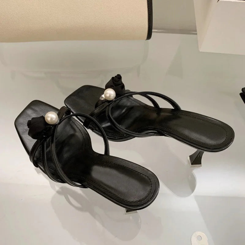 Cyflymder  Wine Red Flowers Pearl Women Slippers Sandals Fashion Square Open Toe Thin High Heels Mules Slides Summer Party Dress Shoe