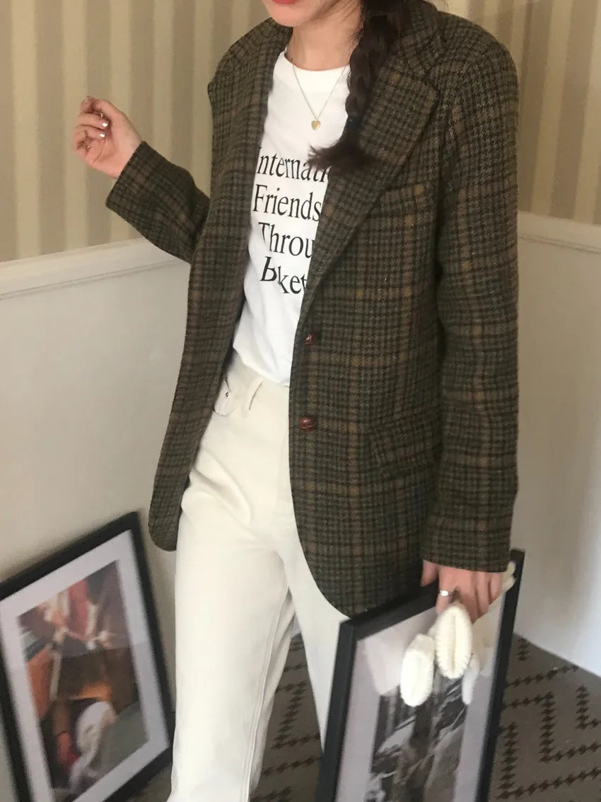 Cyflymder  Retro Briti Sle Plaid Woolen Coat Women's Chic Lapel Single Button Suit Jaet Trendy Mid-Length Long Sve Busin Wear