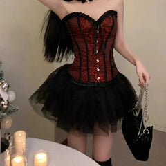 Cyflymder DRESS TO IMPRESS Overbust Corset Tulle Tutu Women 2-piece Set Hooks & Eyes Boned Lace-up Textured Tube Top Puffy Miniskirt Goth Outfits