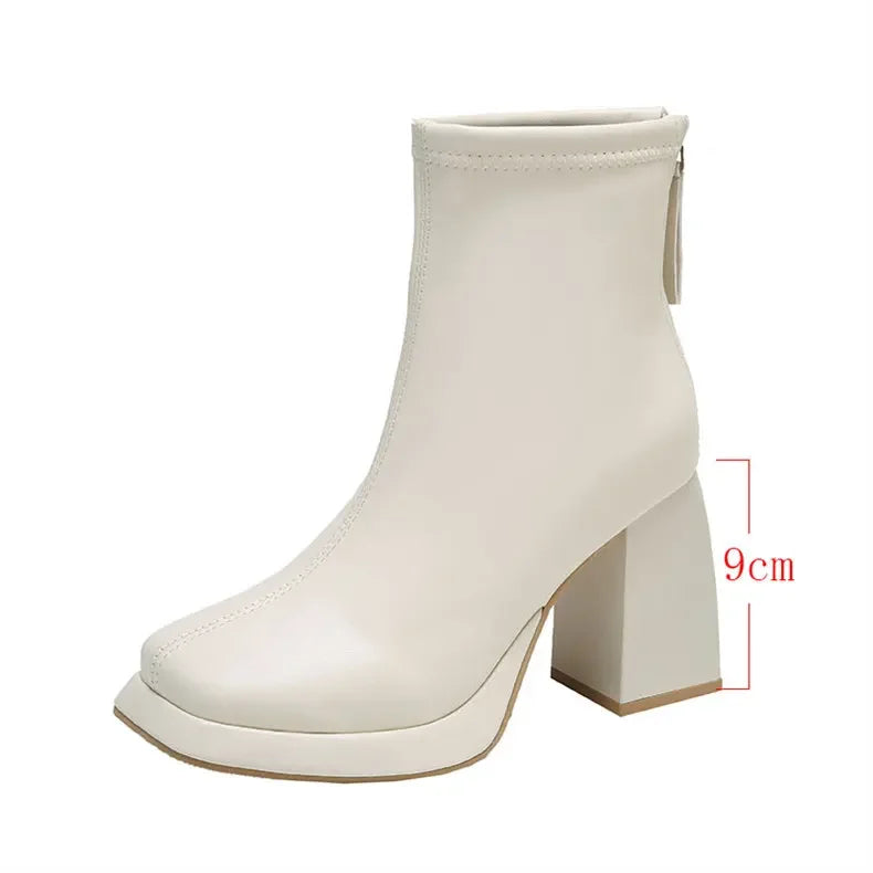 Cyflymder Beige Women Ankle Boots Platform Square High Heel Ladies Short Boots Patent PU Leather Round Toe Women's Boots